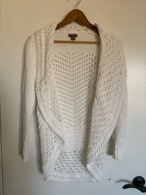Women’s Small 100% Cotton Eddie Bauer White Open-Front Knit Cardigan Sweater